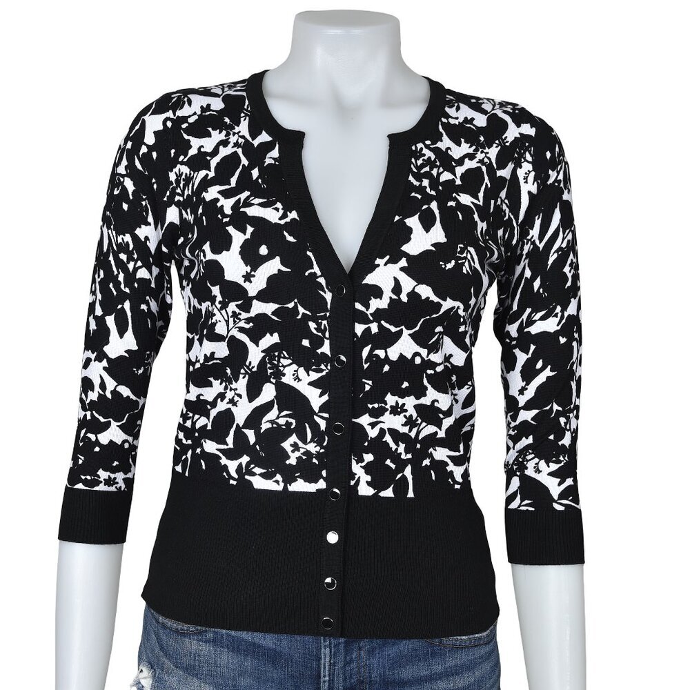 NWT White House Black Market Floral Cardigan Sweater Black White Size Small
